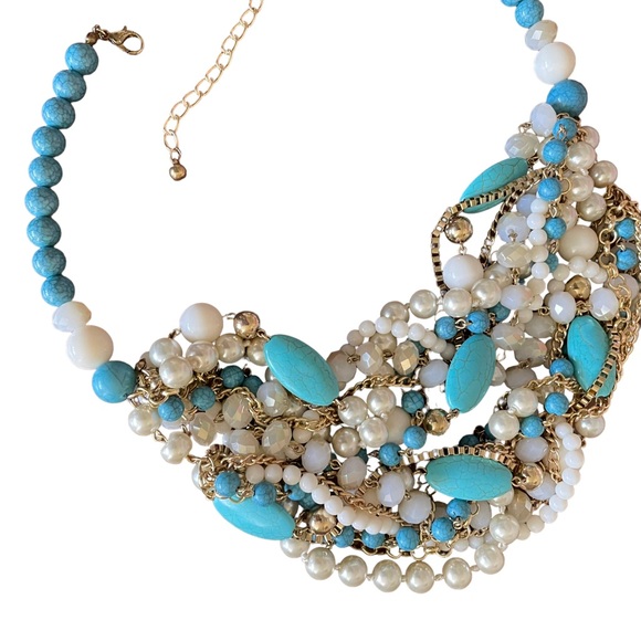 Multi-strand Statement Necklace Faux Pearl Turquoise Howlite Gold-tone Beads - Picture 3 of 7